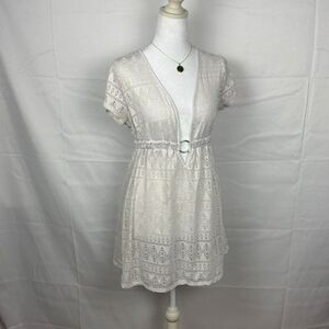 Y2K Tropical Escape White Open Knit Crochet Dress - S